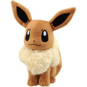 Peluche Pokémon Evoli. El peluche es marrón y tiene un gran pelaje blanco en el cuello. Evoli tiene grandes orejas puntiagudas.