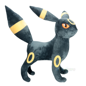 Peluche grande de Umbreon el pokemon que parece un zorro negro con rayas y círculos amarillos en su pelaje
