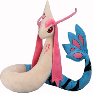 Peluche pokemon tipo serpiente muy grande con cola azul, cuerpo beige y orejas y ojos rosas